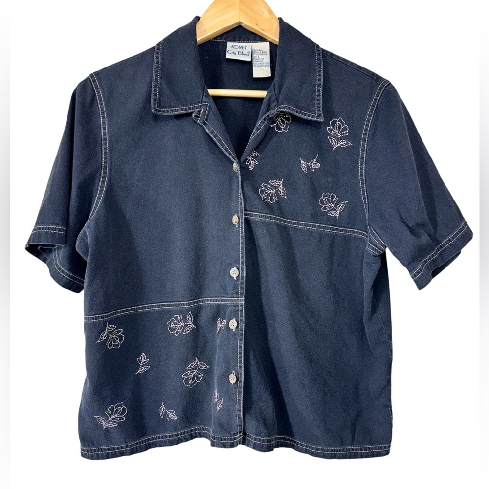 VTG 90s City Blues by Koret Button Shirt Womens L Floral Embroidered Black Denim